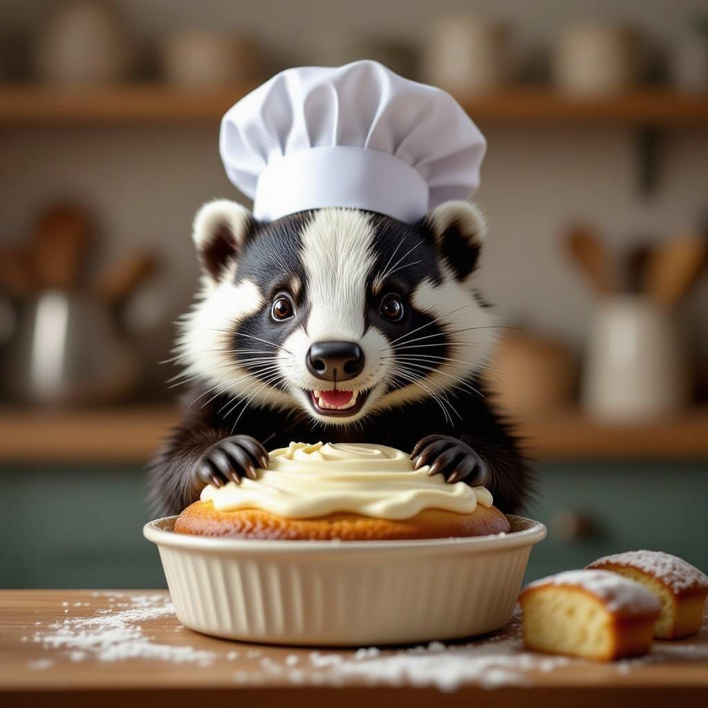 Mischievous Badger Chef Baking Overflowing Cake
