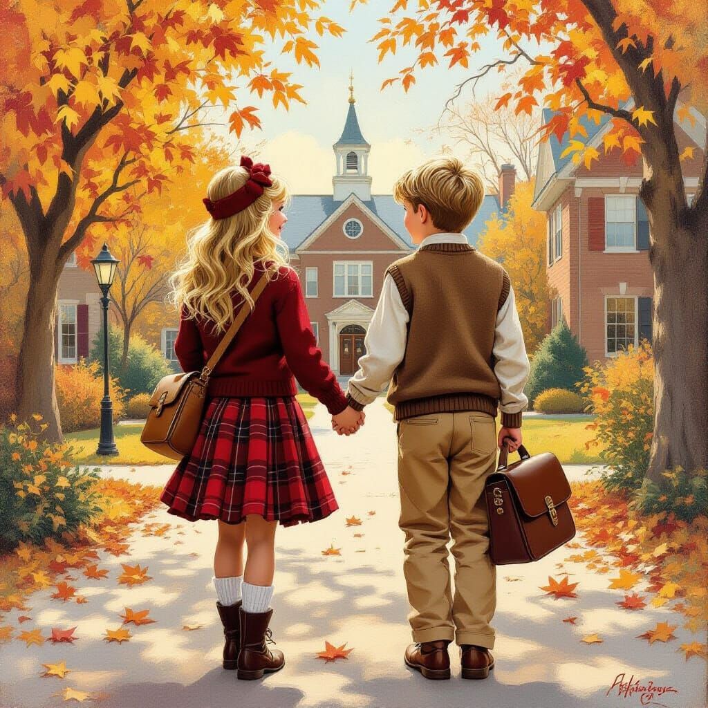 Children Holding Hands in Autumn, as Oil Painting
