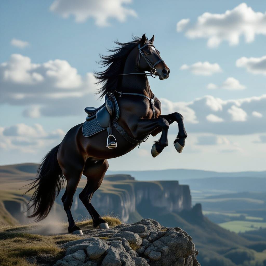 A furry black horse stands on a cliff raising its front legs...