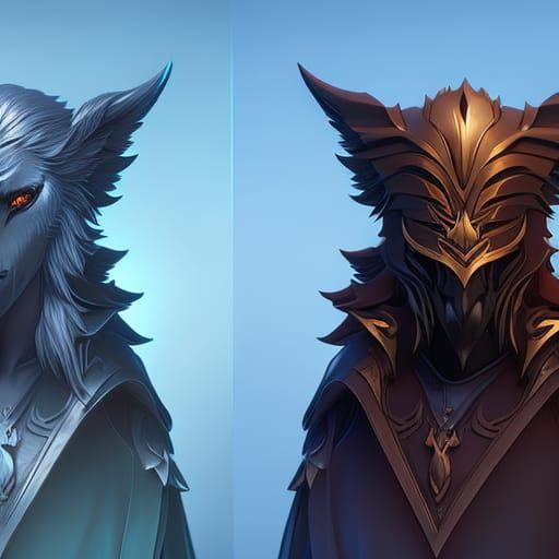 Raven and Wolf Portrait in Hyperdetailed Digital Art