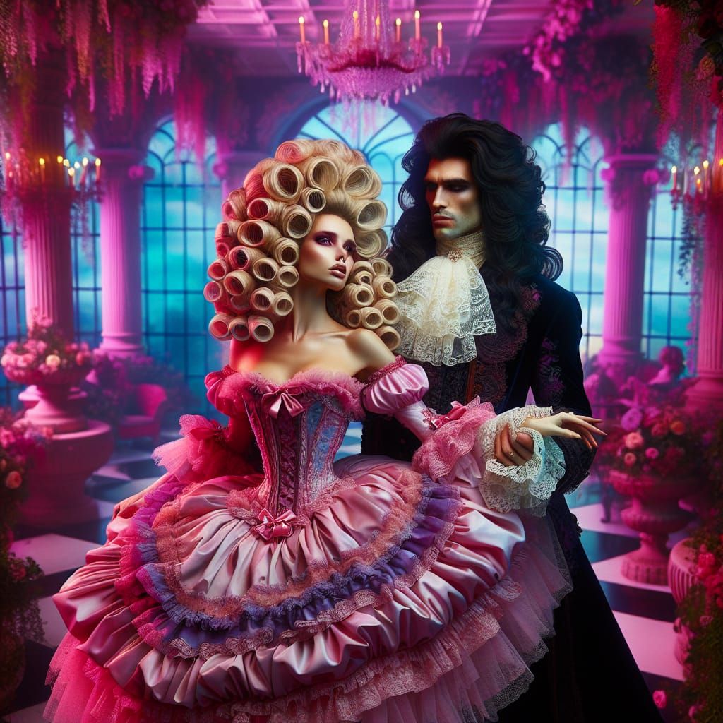 Vampire and Maid in Opulent Pastel Garden
