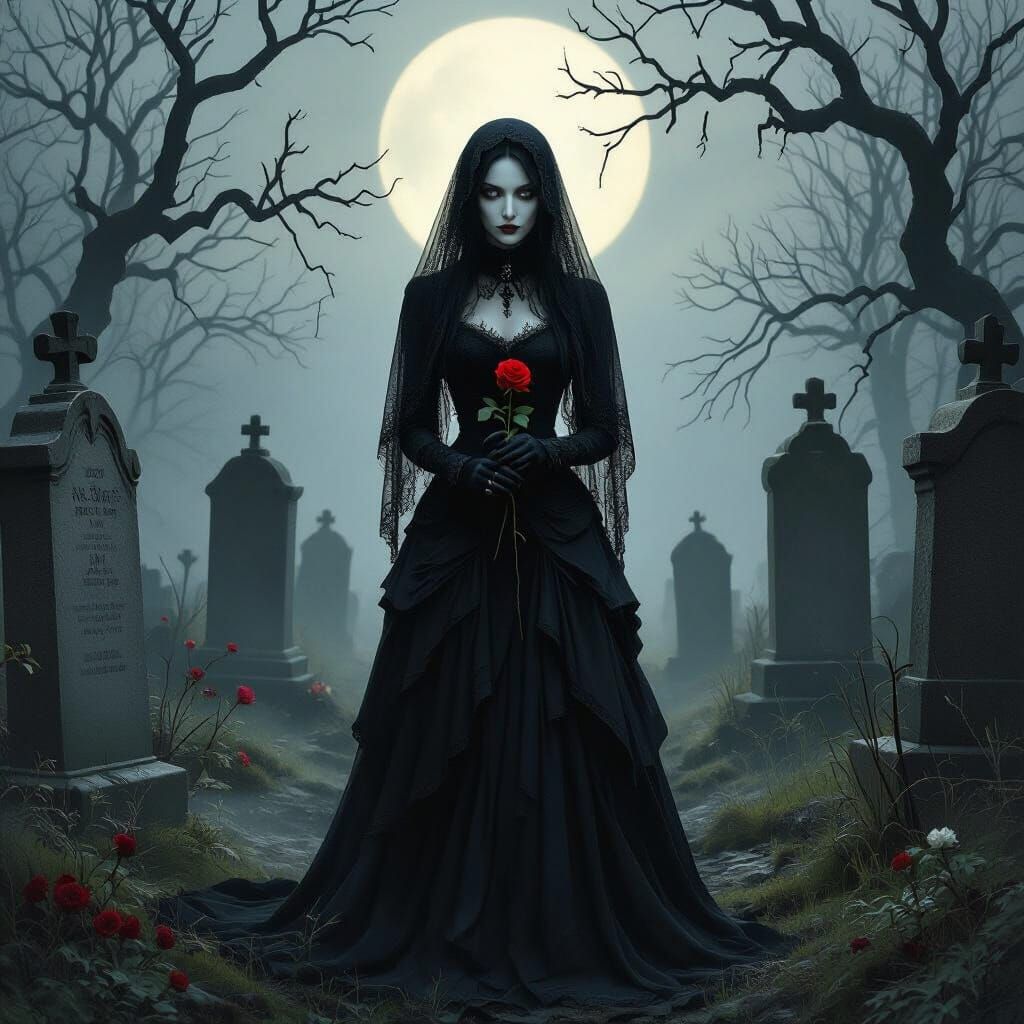 Gothic Woman in Misty Graveyard, Hyperrealistic Style