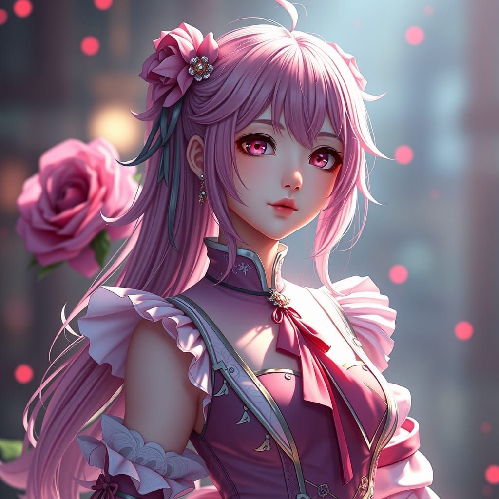 Charming Anime Girl in a Vibrant Pink Dress