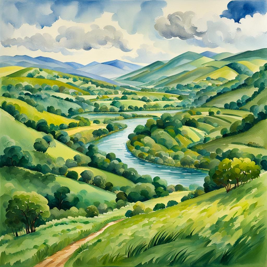 Green Valley Landscape in Gouache Watercolor Style
