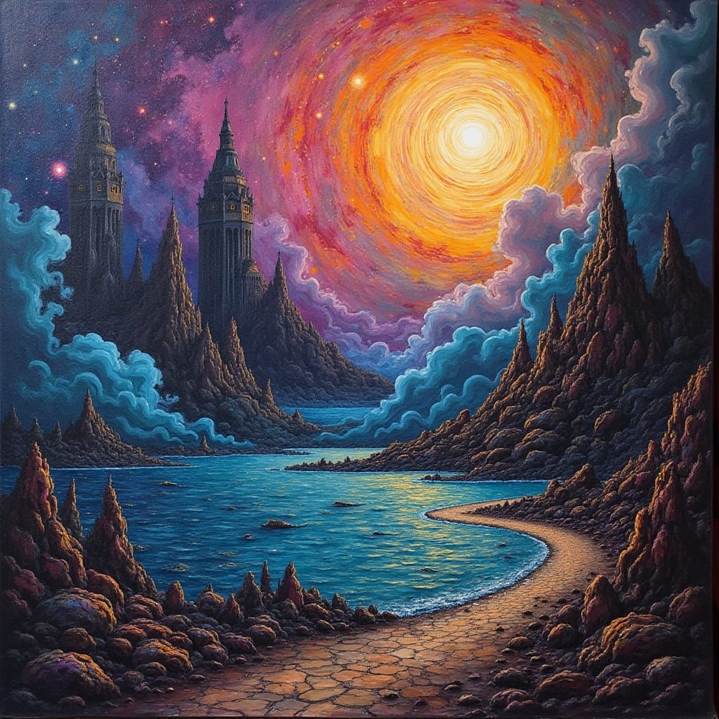 Steampunk Surrealism Cosmic Illustration as Oil Painting