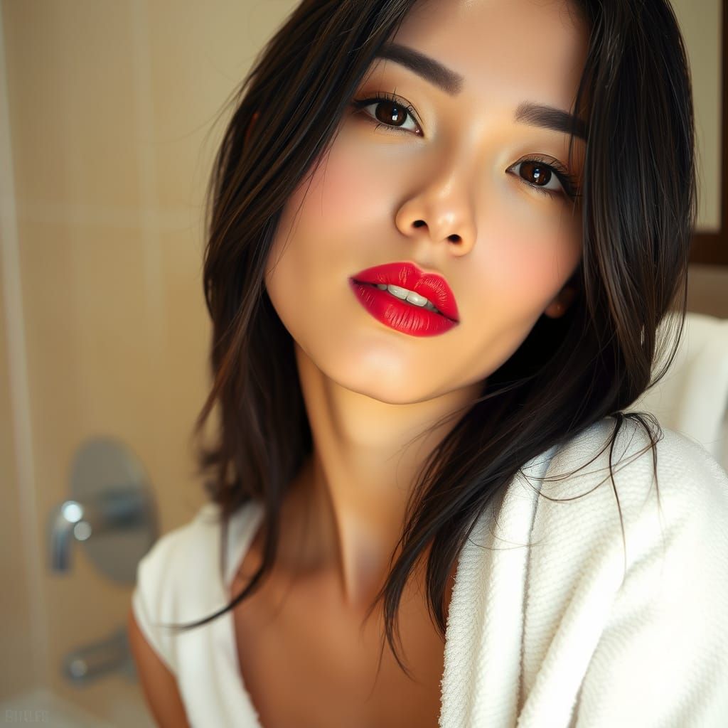 Beautiful Vietnamese Woman in Bathroom with Red Lips and Whi...