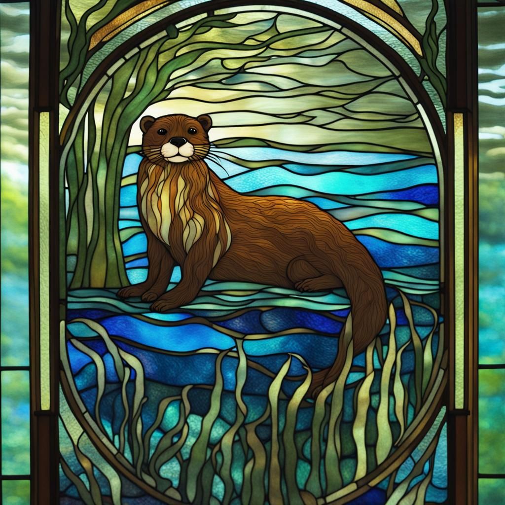River Otter Under Aurora in Art Nouveau Style
