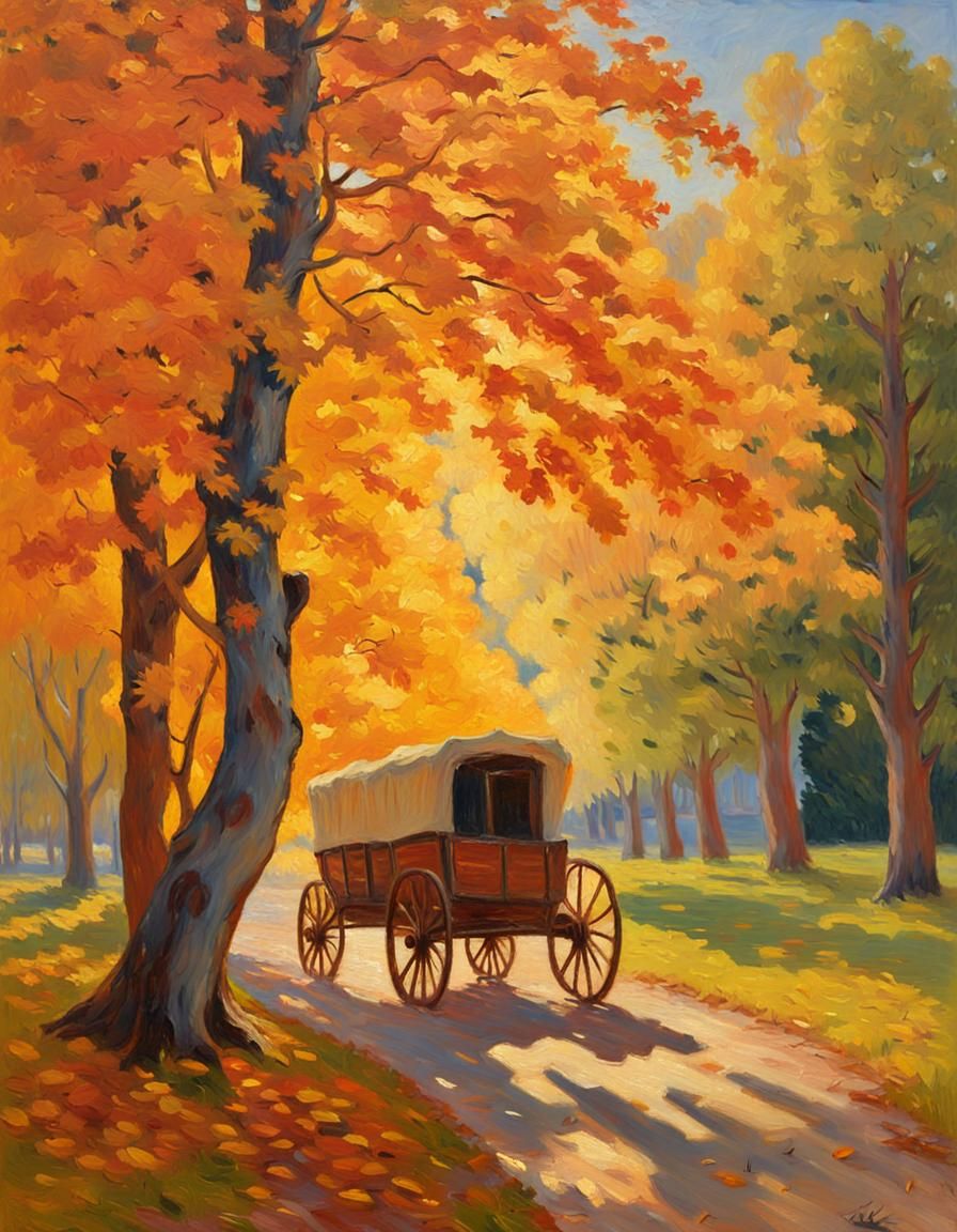 Antique Wagon Under Maple Trees: Impressionist Oil Painting