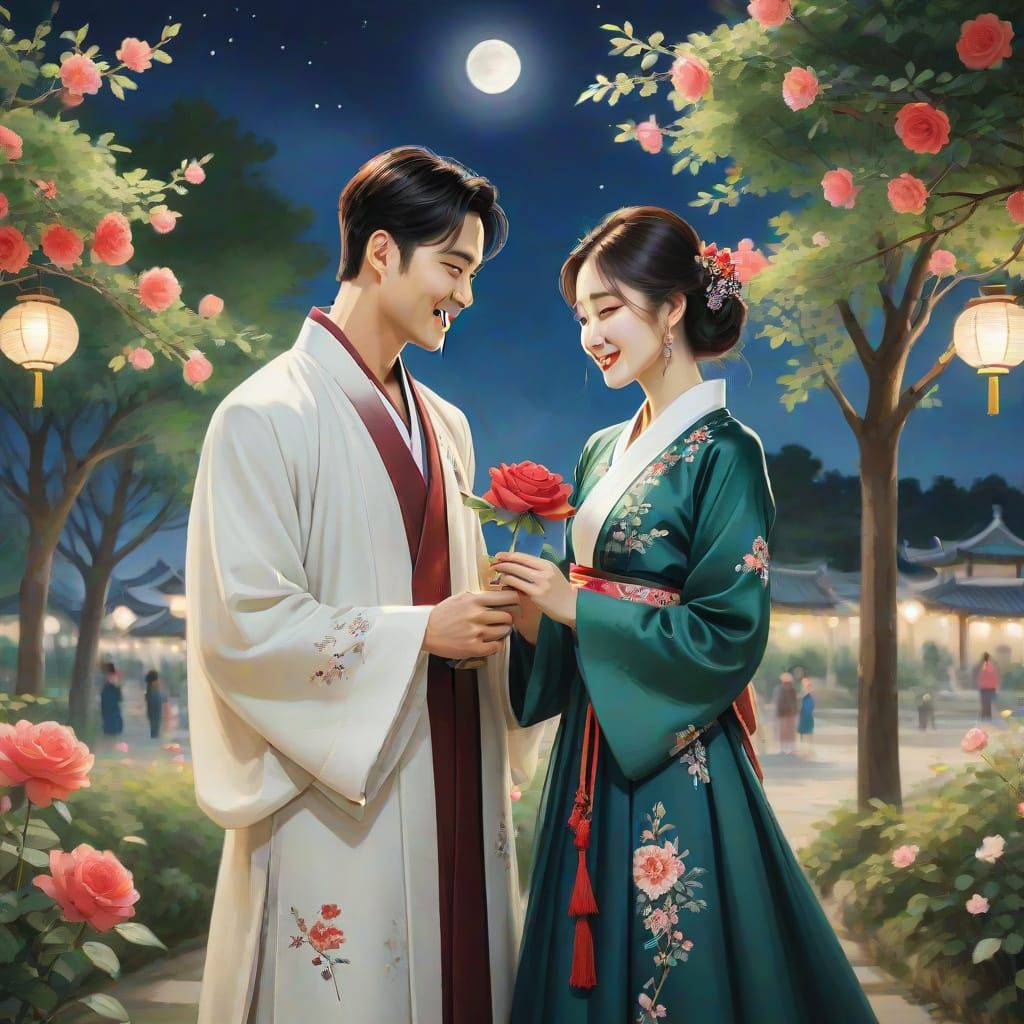 Young Man Offers Rose to Korean Woman Under Moonlight in Ser...