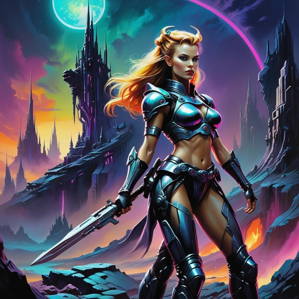 Warrior Princess on Alien Planet in Dark Fantasy Oil Paintin...