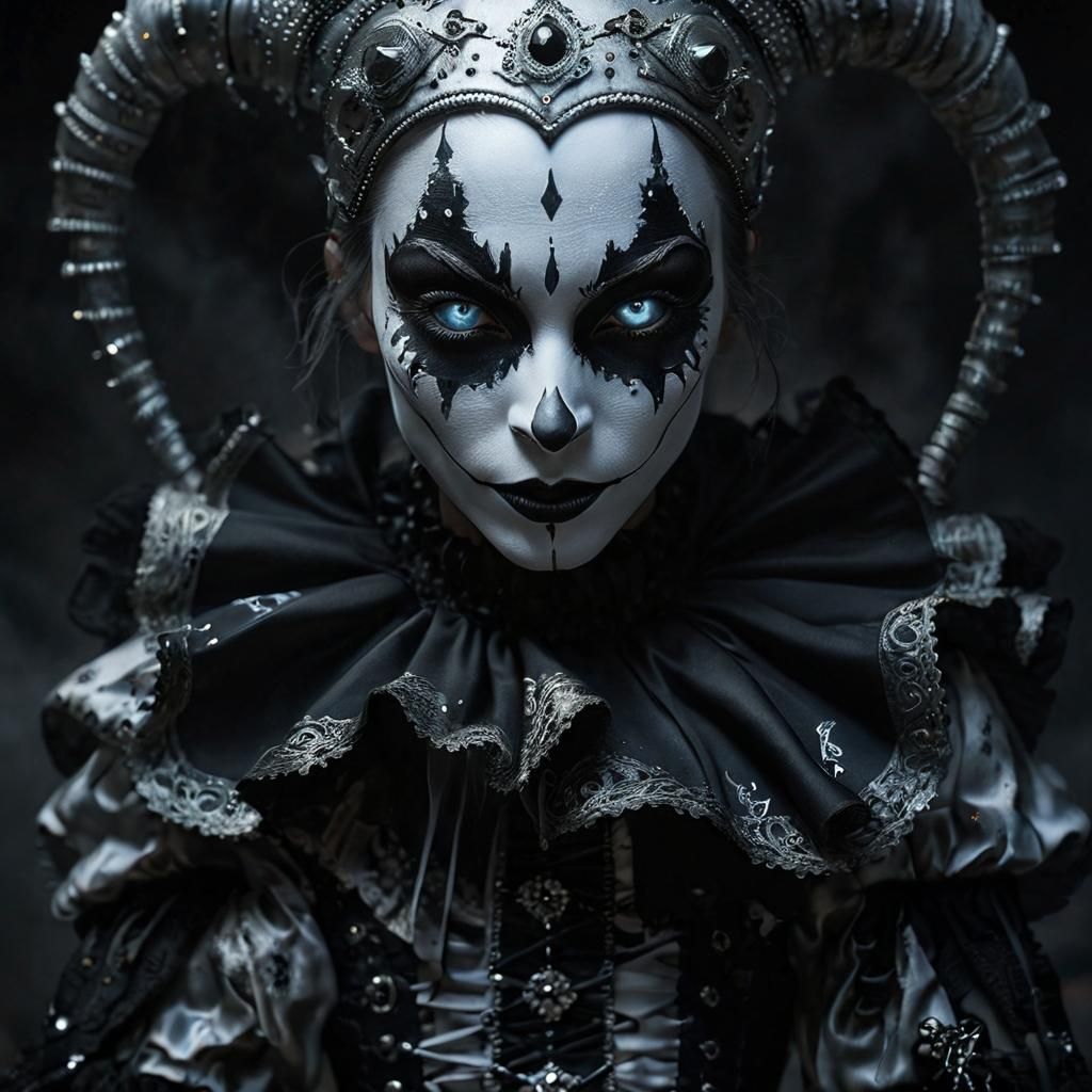 Porcelain Jester with Glowing Eyes in Dark Fantasy Style