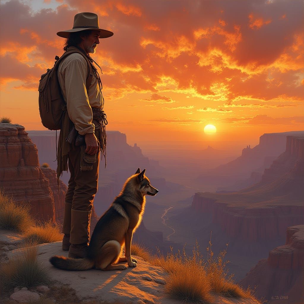 Weathered Mountain Man and Faithful Wolf in Sunset Glory
