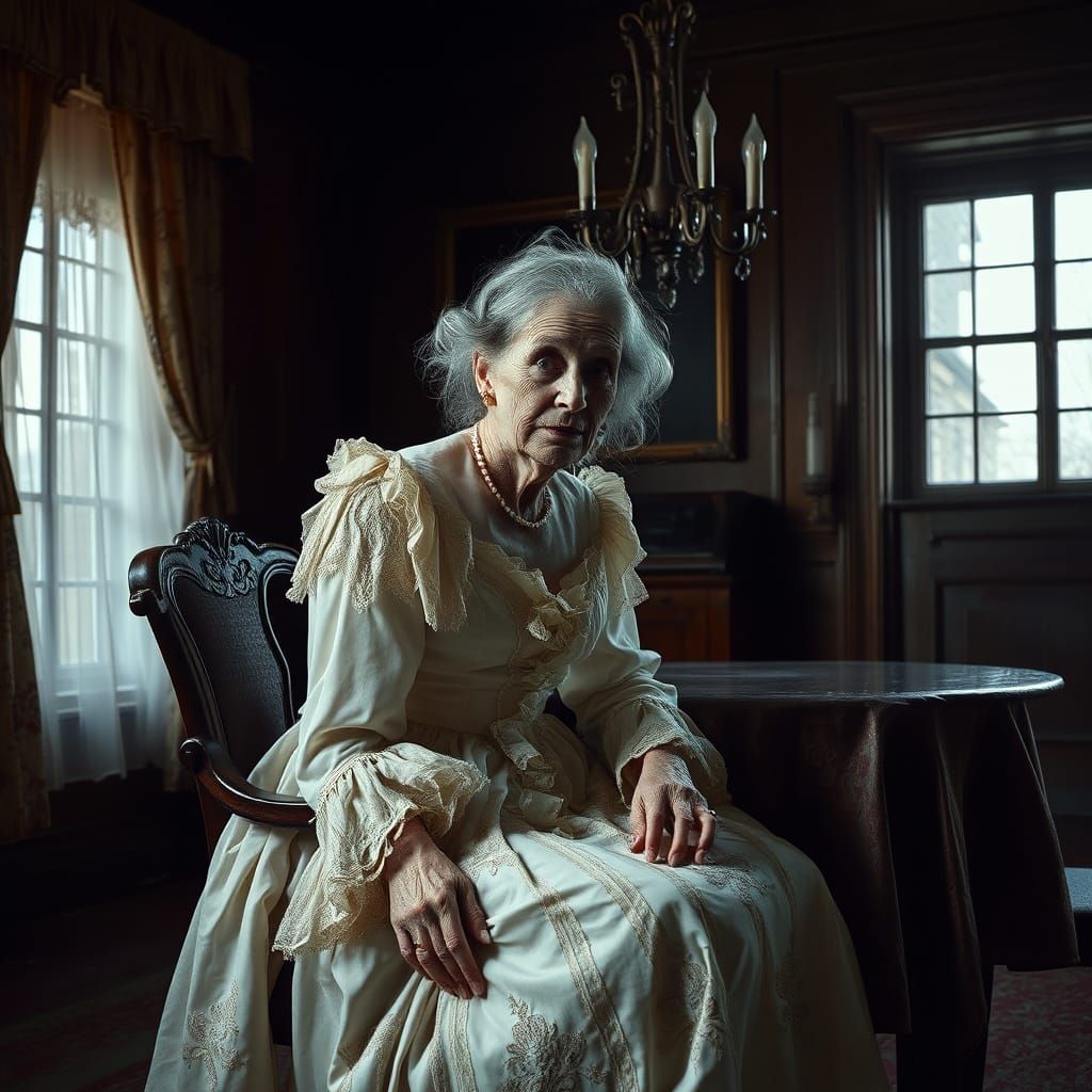 Dickensian Spinster in Dark Victorian Dining Room