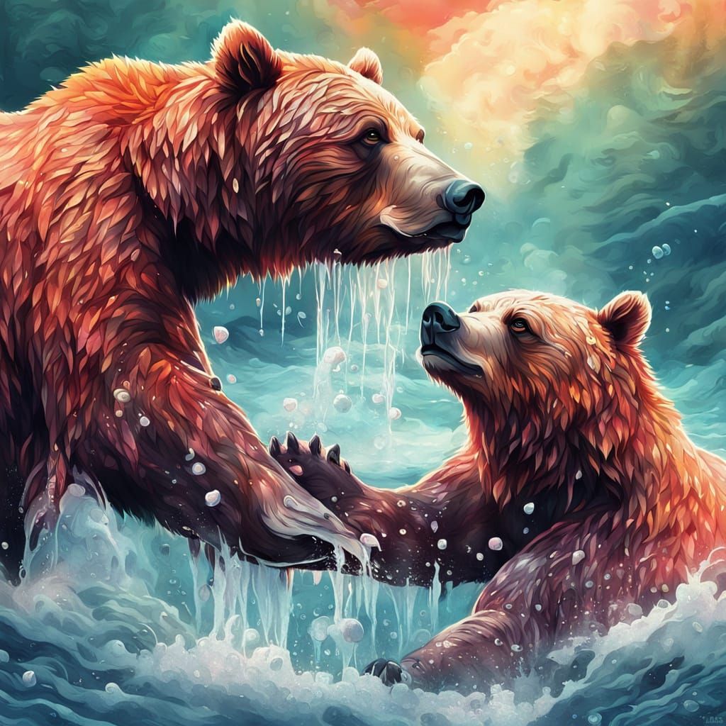 Whimsical Digital Art of Bear Playing with Salmon