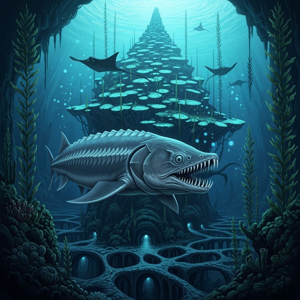 Mutant Sturgeon in Bioluminescent Underground River