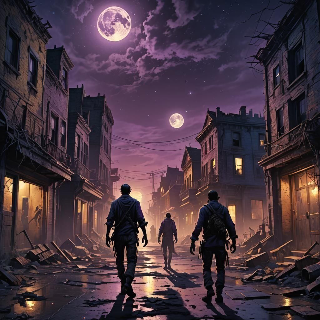 Zombie in City Ruins Under Moonlit Sky
