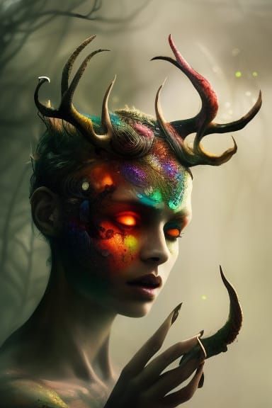 Rainbow Forest Nymph with Horns: Digital Painting