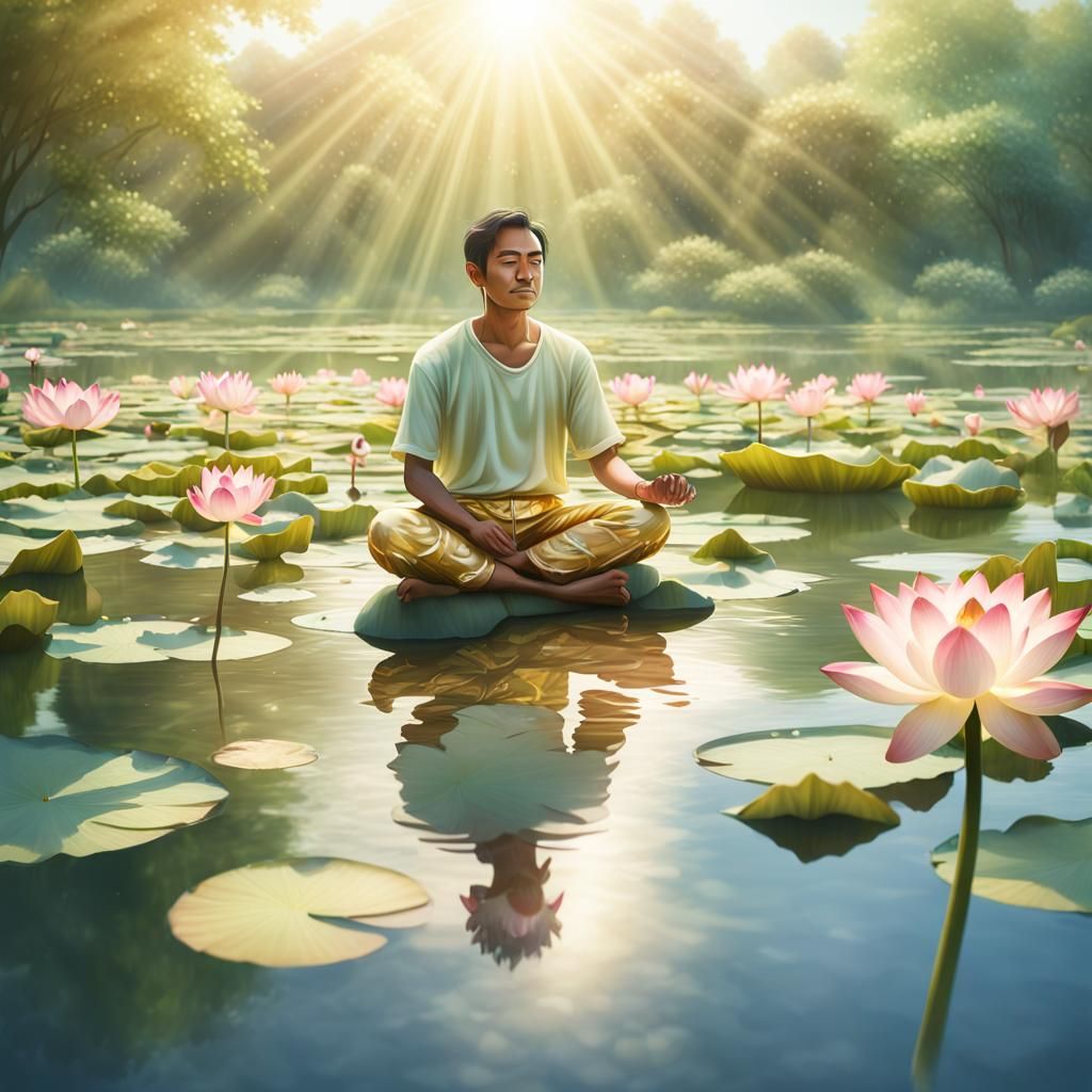 Meditating Man on Lotus Flower in Golden Light