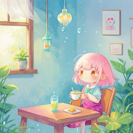 Whimsical Axolotl Sips Boba Tea in Vibrant Watercolor Style