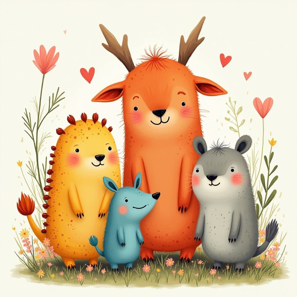 Playful Animal Art in Folk Whimsical Style