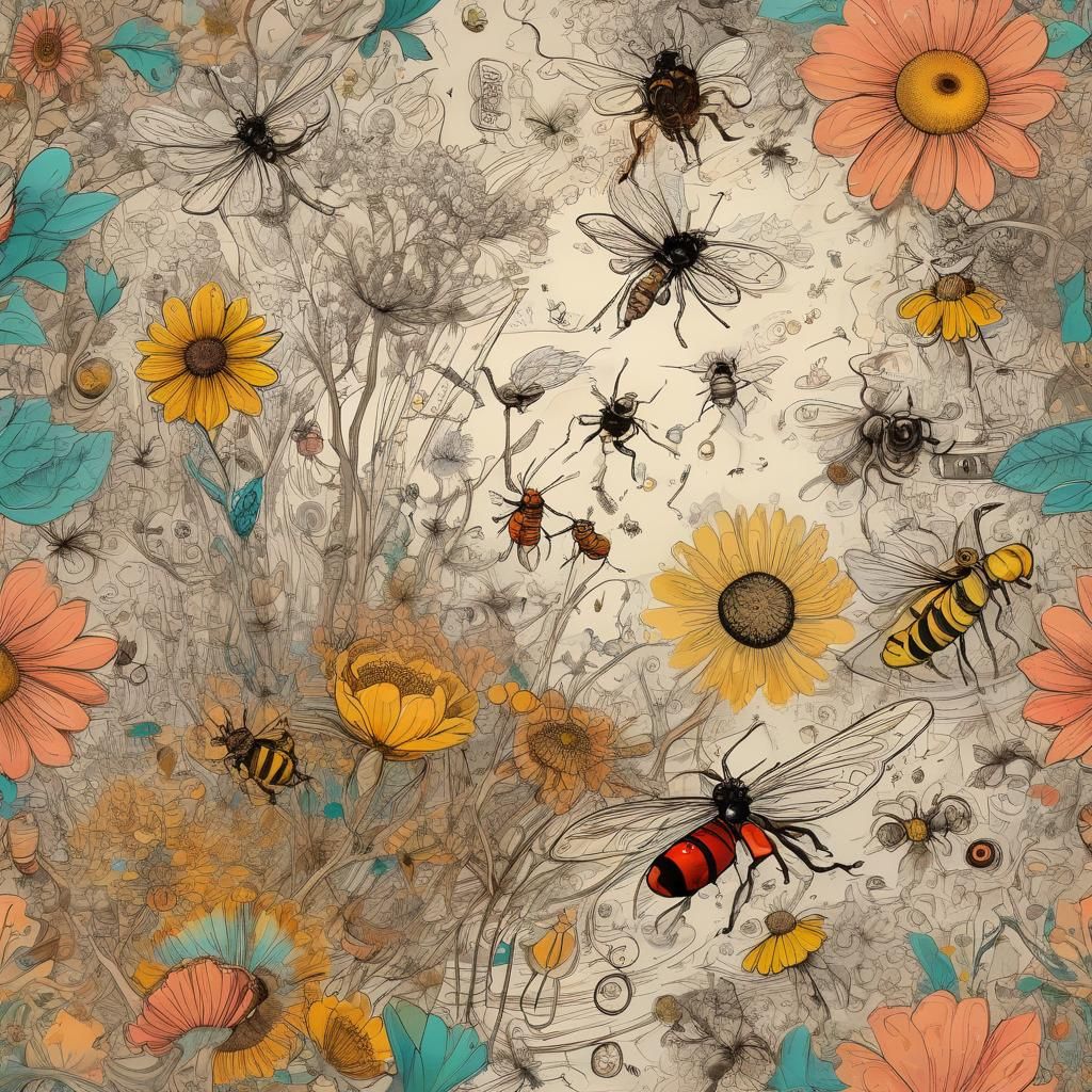 Macro Doodle World with Insects in Whimsical Art