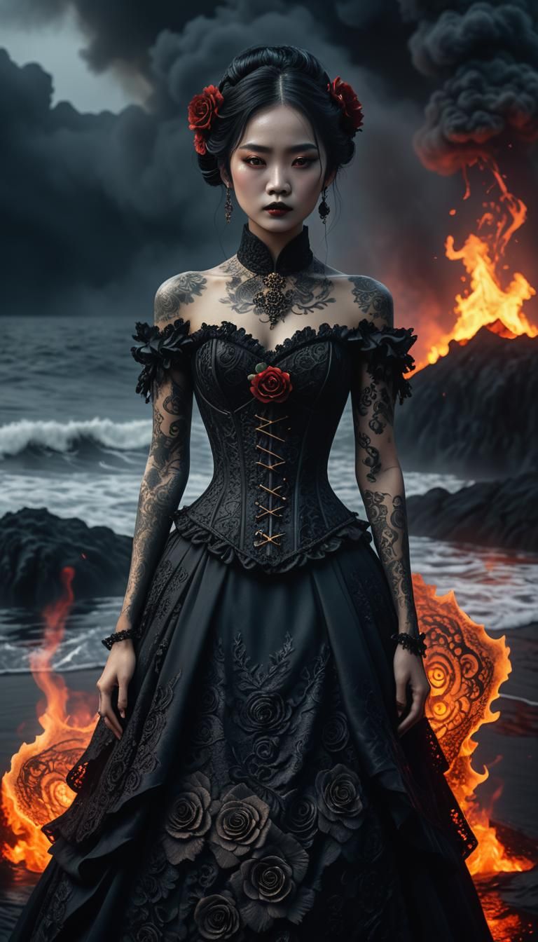 Gothic Chinese Fashion in Volcanic Landscape