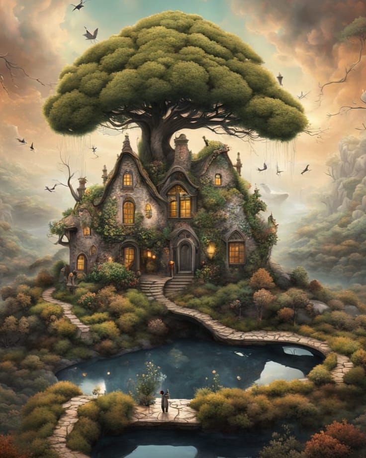 Surreal Stargate Cityscape with Bonsai and Cottages