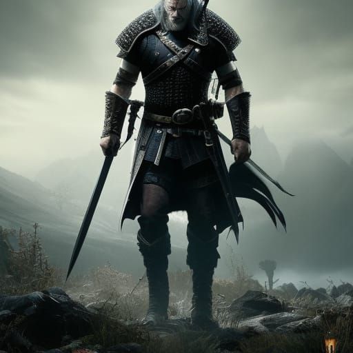 Geralt of Rivia as a Hyperdetailed Dark Fantasy Warrior