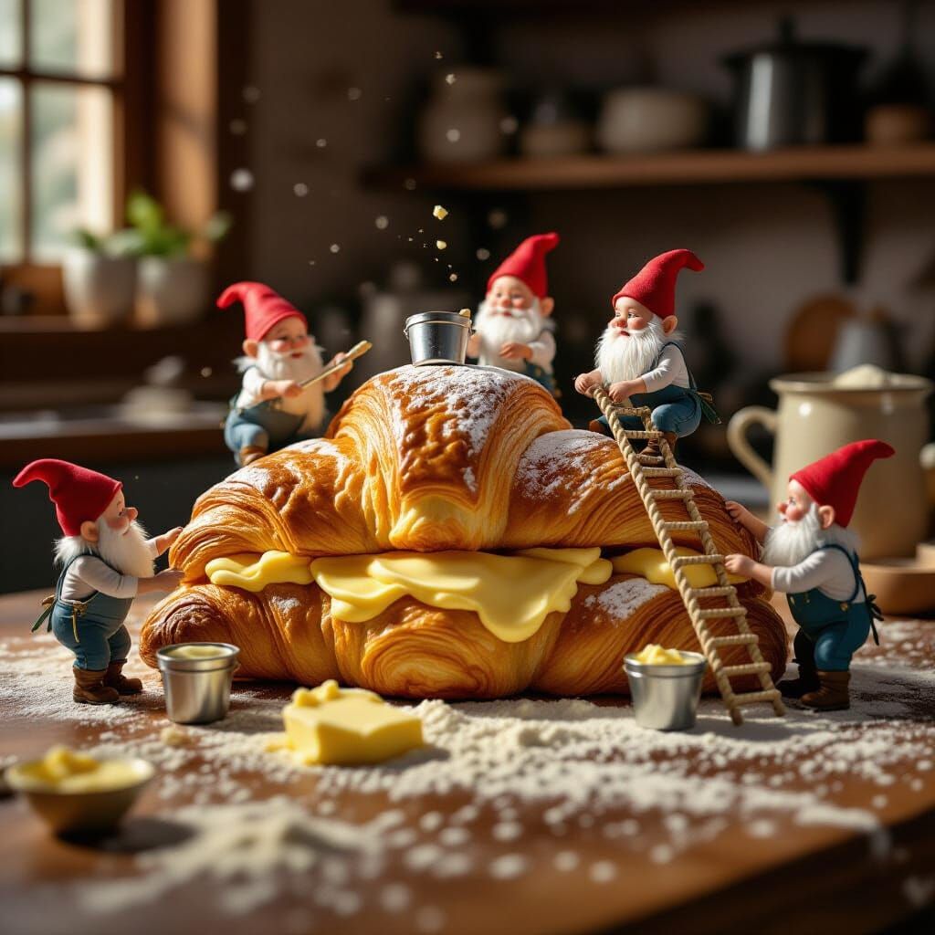 Gnomes Crafting Giant Croissant in Macro Shot