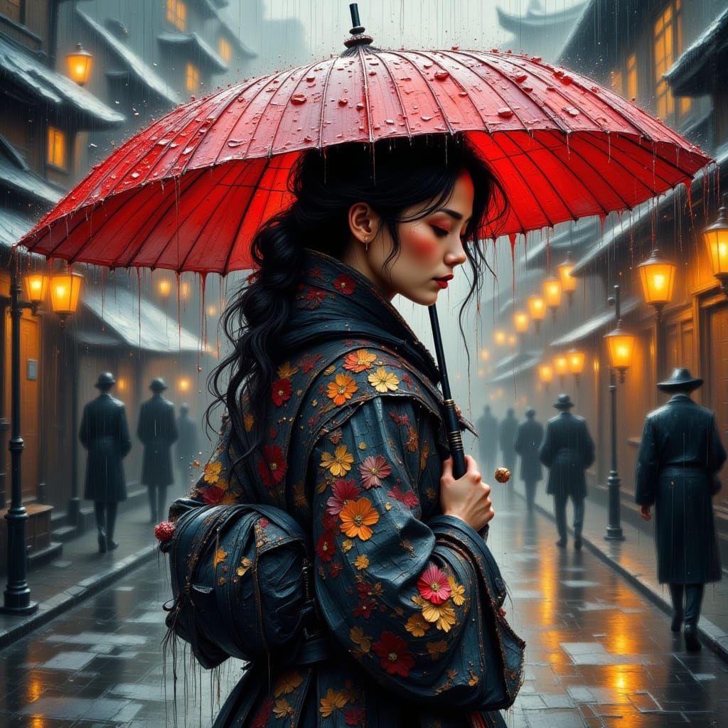 Japanese Woman in Rainy Town as Impasto Painting