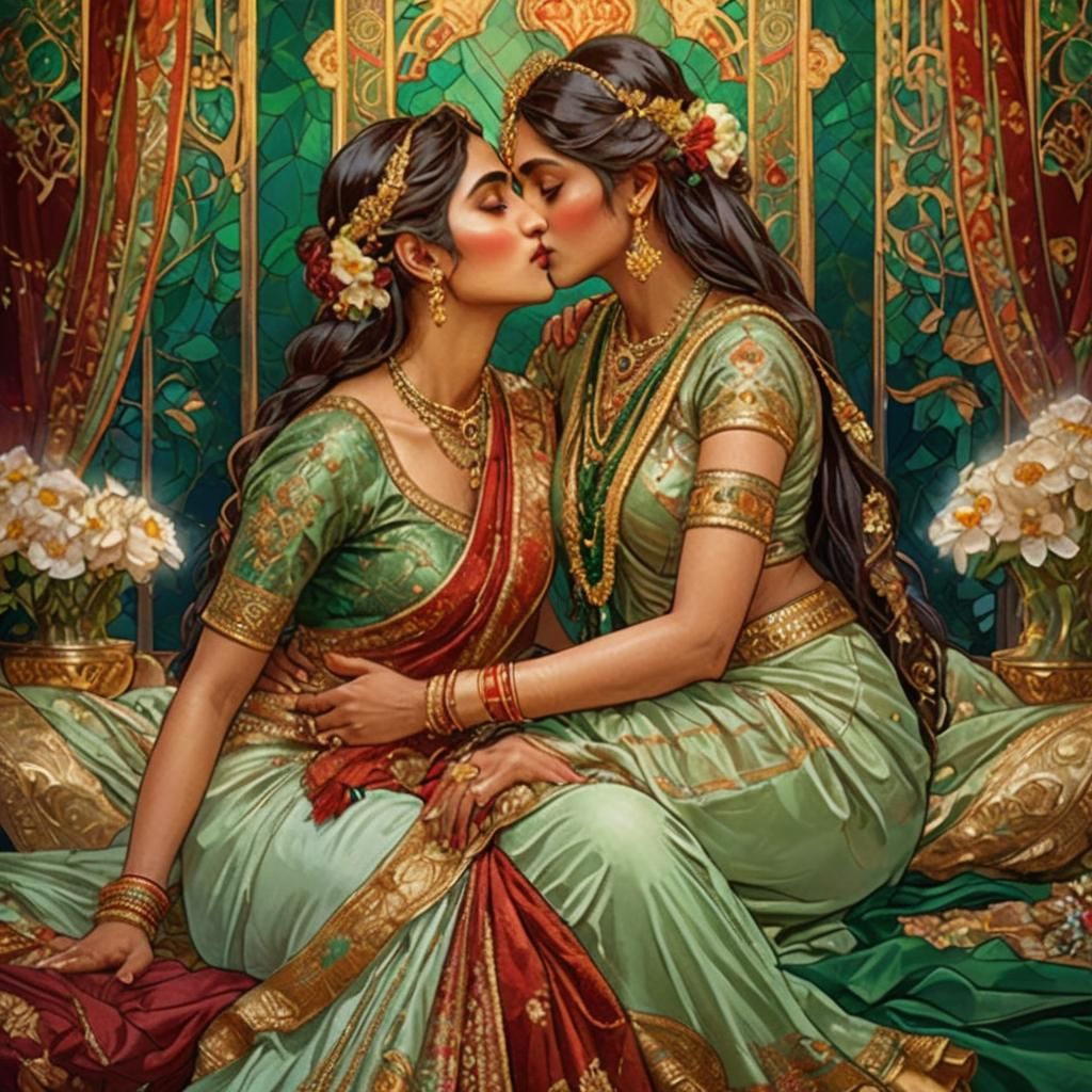 Indian Brides Kissing in Art Nouveau Style