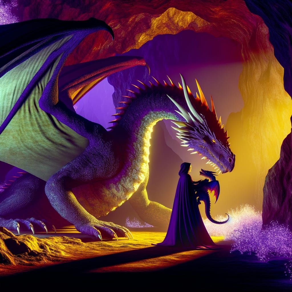 Mysterious Woman Tames Dragon and Baby in Dark Fantasy Cave
