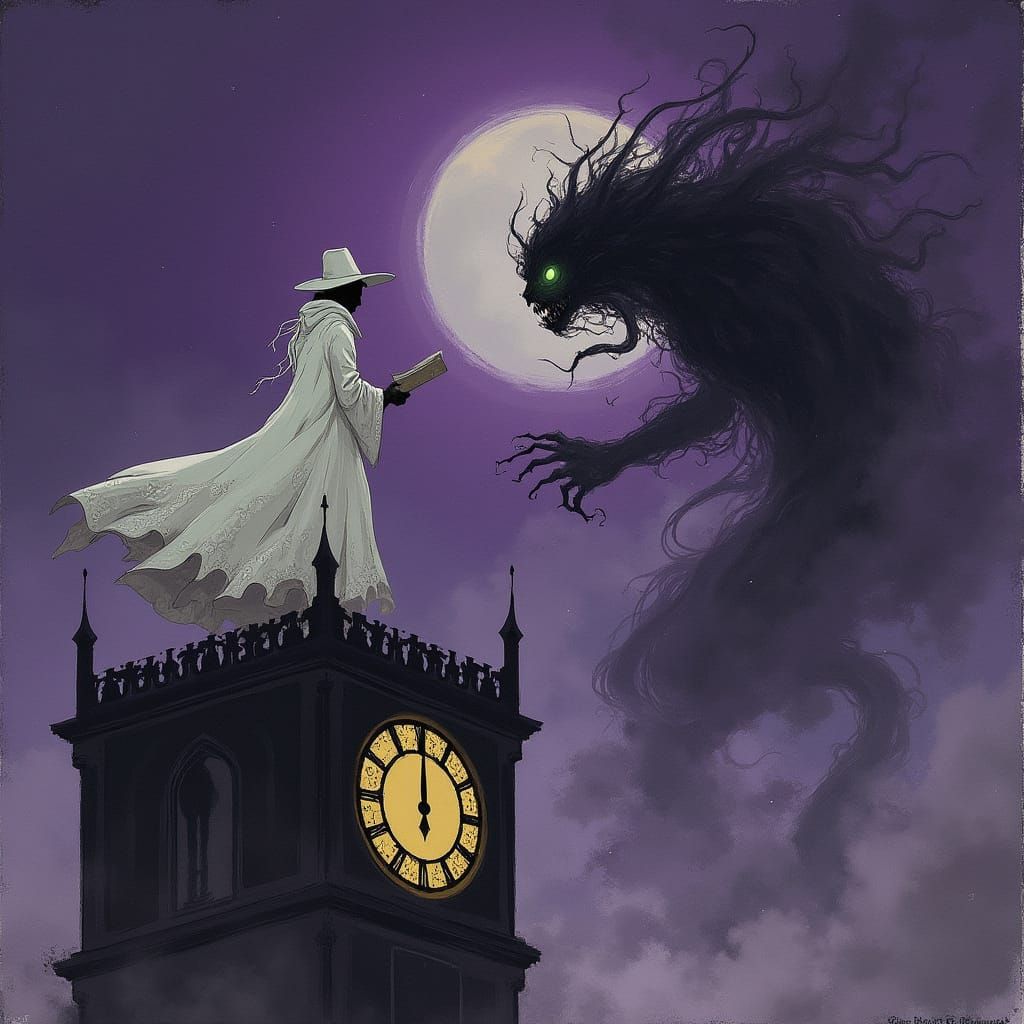 Eldritch Storyteller Battles Dark Demon on Clock Tower