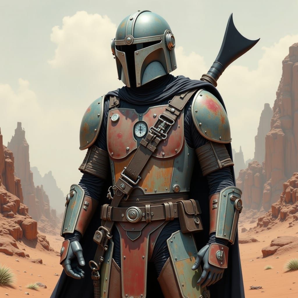 Mandalorian Warrior on Alien Planet, in Futuristic Style