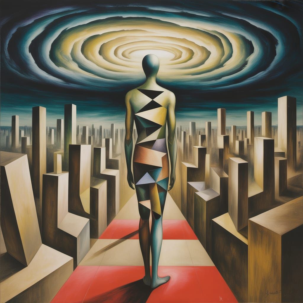 Surrealist Figure in Distorted Cityscape Painting