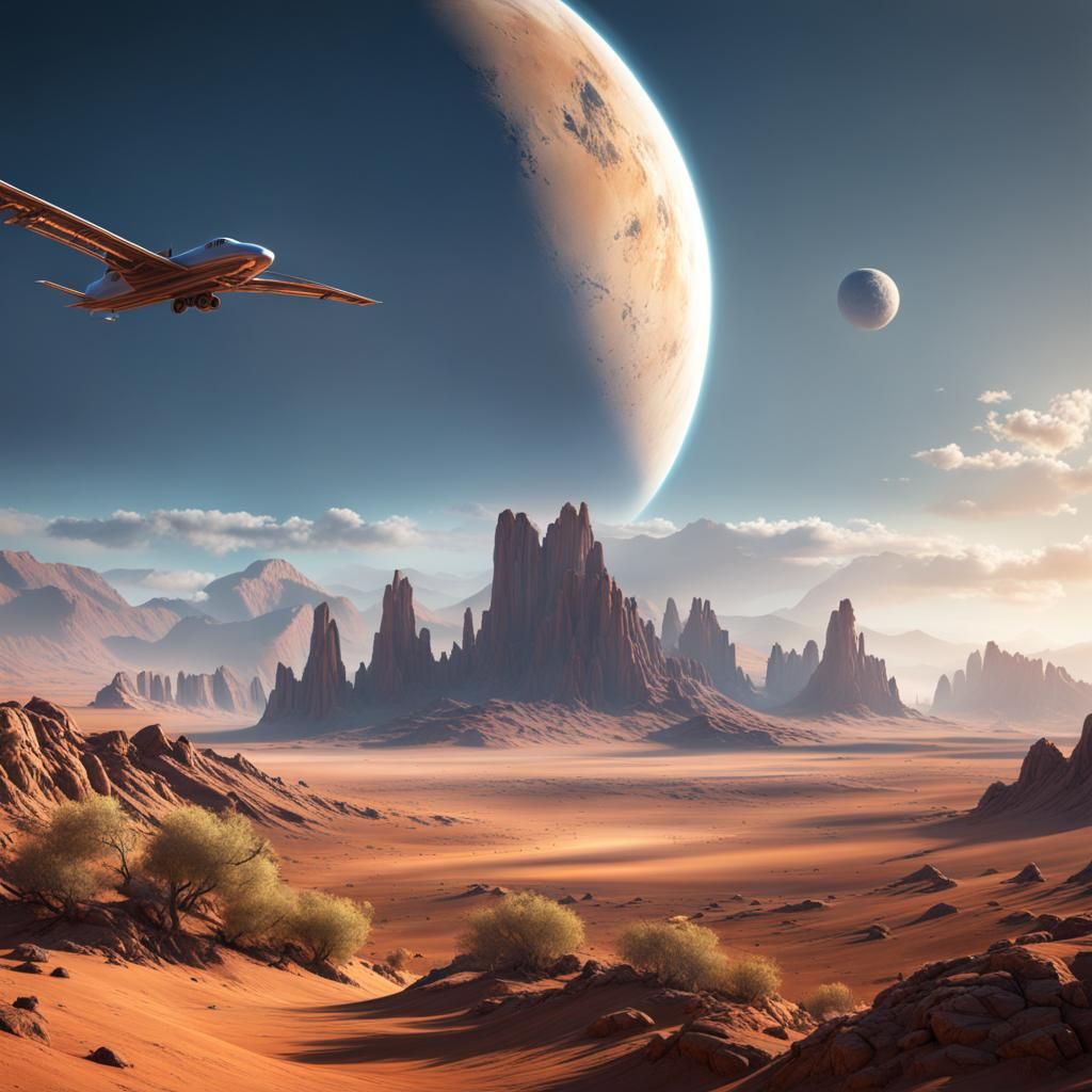 Futuristic Aircraft Over a Desert Mountain Landscape