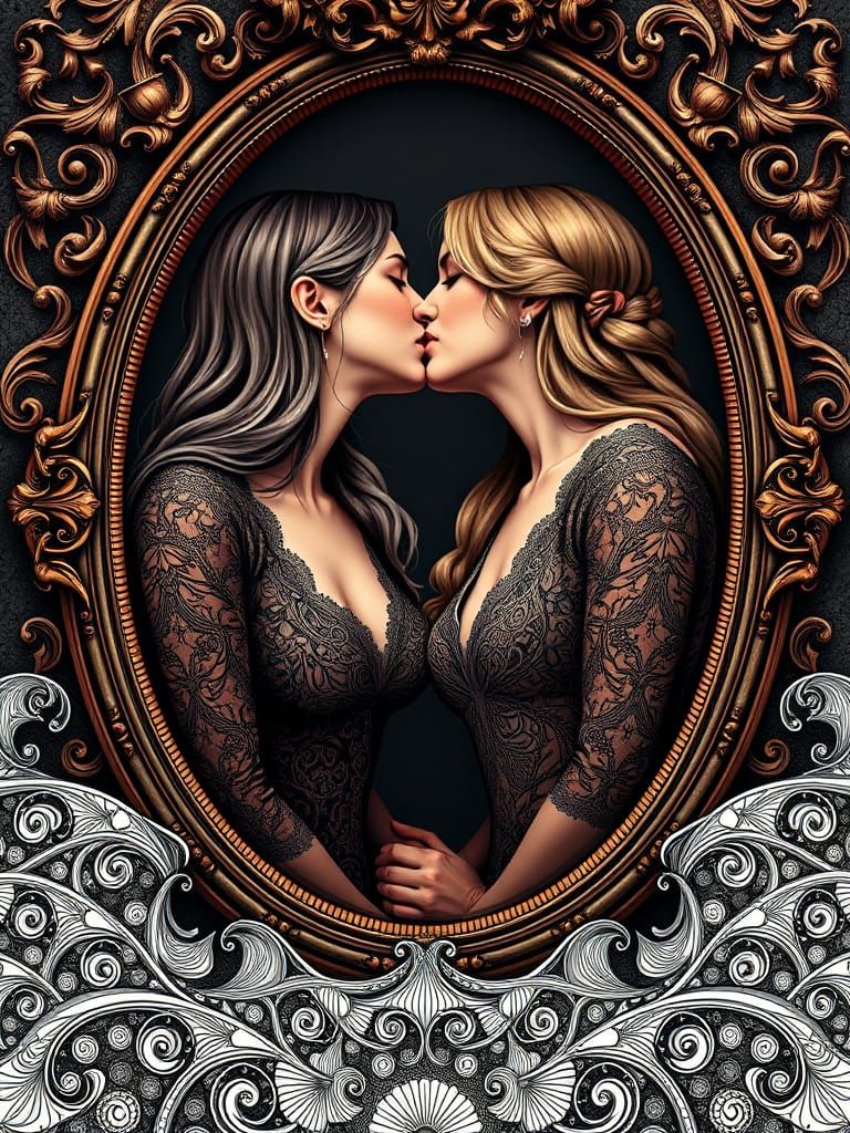 Two different 30 year old lesbians giving a kiss reflected in an ancient mirror. At the bottom of the image is a beautif...