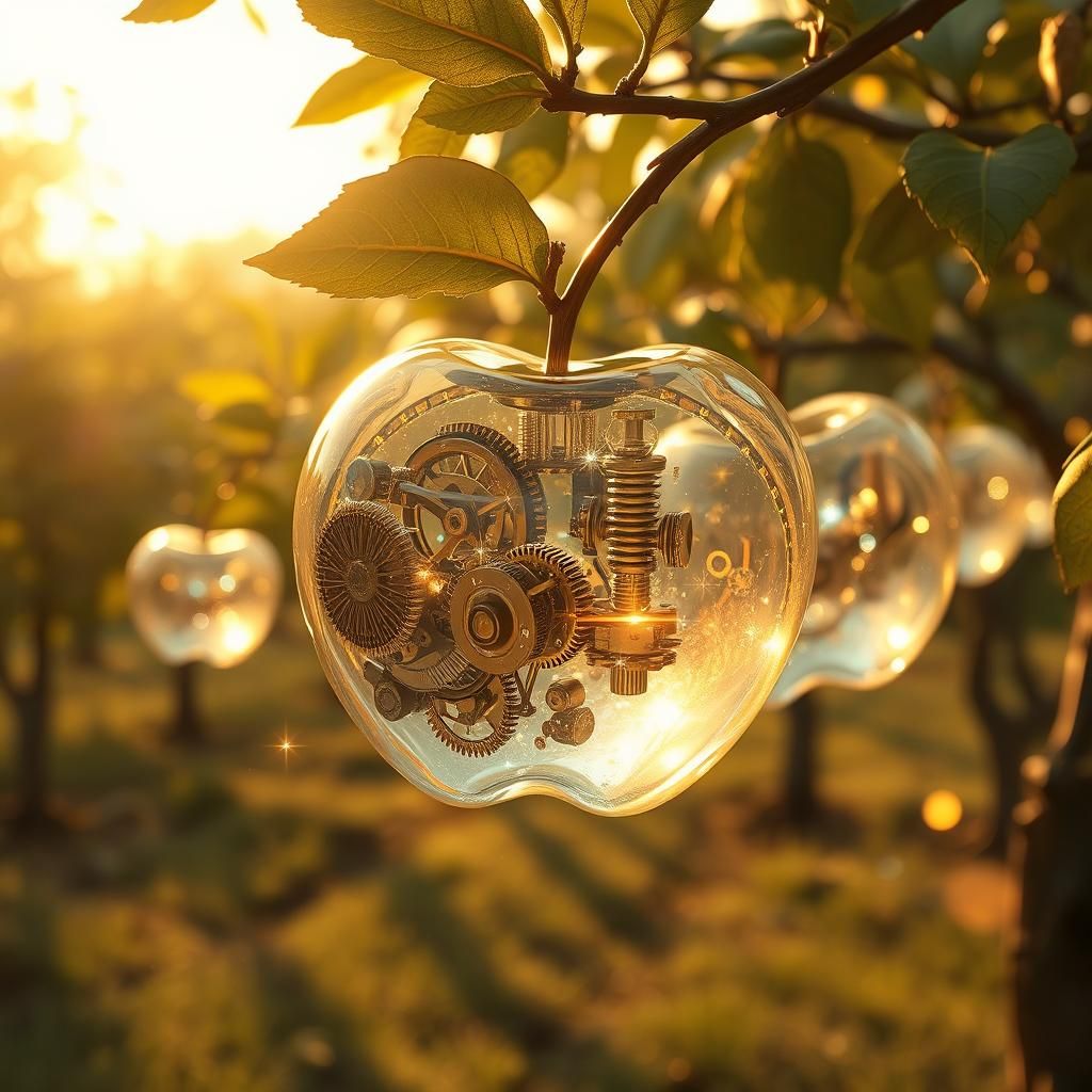 Clockwork Orchard with Crystalline Apples in Golden Light