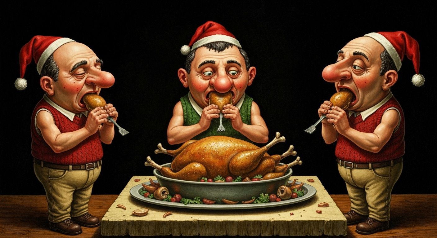 Grotesque Christmas Feast Parody in Dark Humour Style