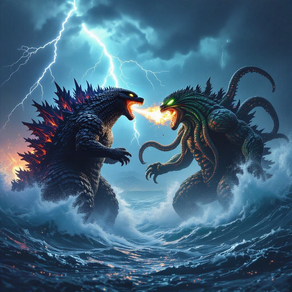 Godzilla vs Cthulhu in Stormy Ocean
