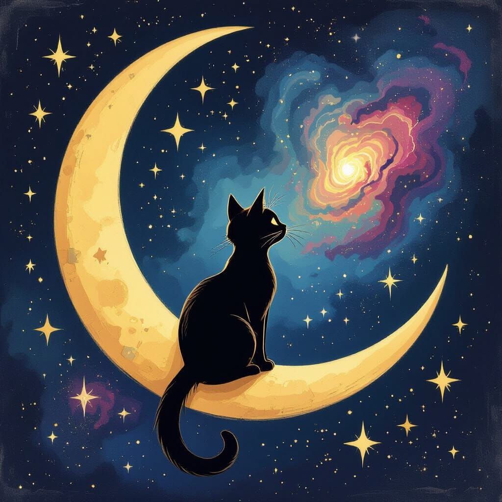 Black Cat on Crescent Moon Gazing at Nebula
