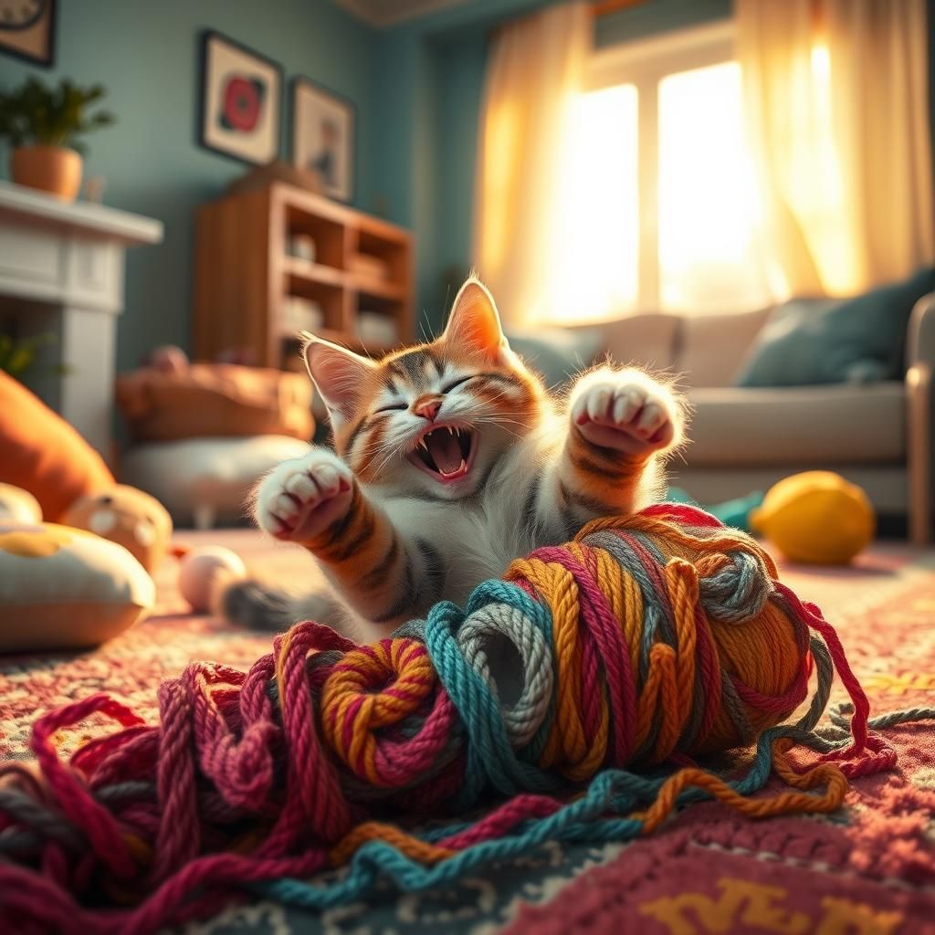 Playful Cat Rolls with Yarn in Cozy Living Room