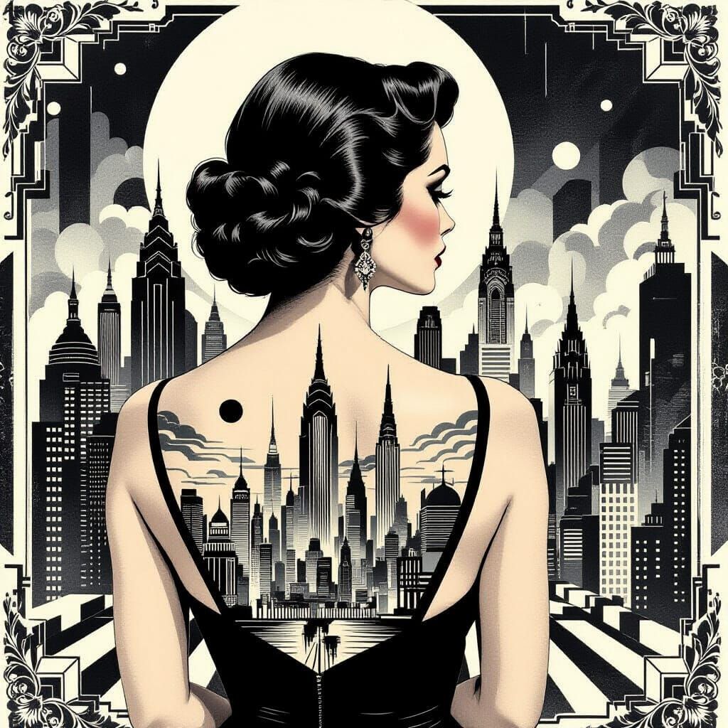 Art Deco Woman with Cityscape Tattoo