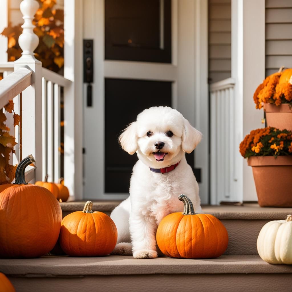 Bichon Frise Dog in Autumn Still Life