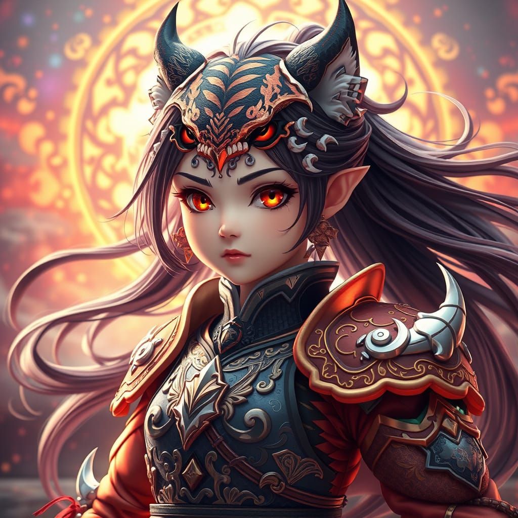 Demonic Tiger Girl in Vibrant Fantasy Armor