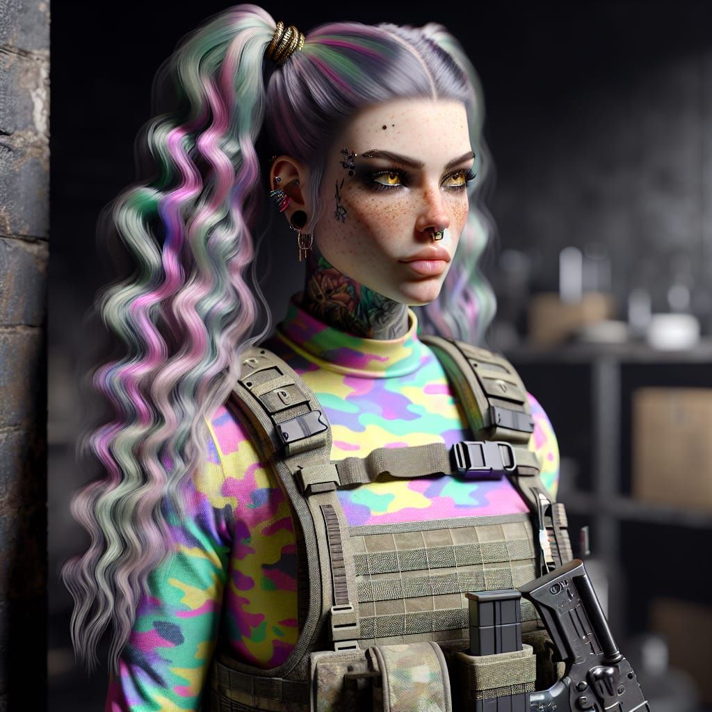 Gothic Woman with Rainbow Hair and Tattoo Sleeve