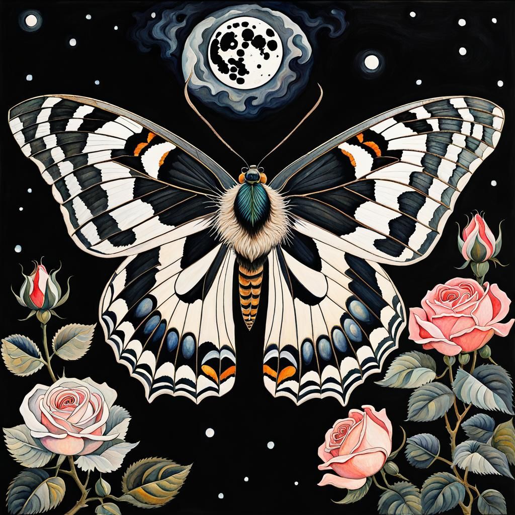 Elegant Moth on Rose, Art Nouveau Gouache Painting