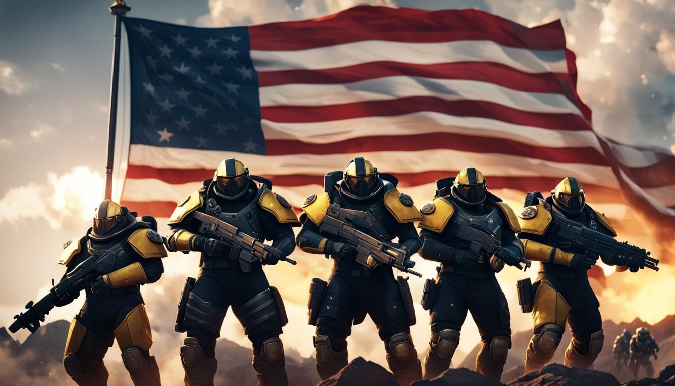 Helldivers 2 Posing Before American Flag