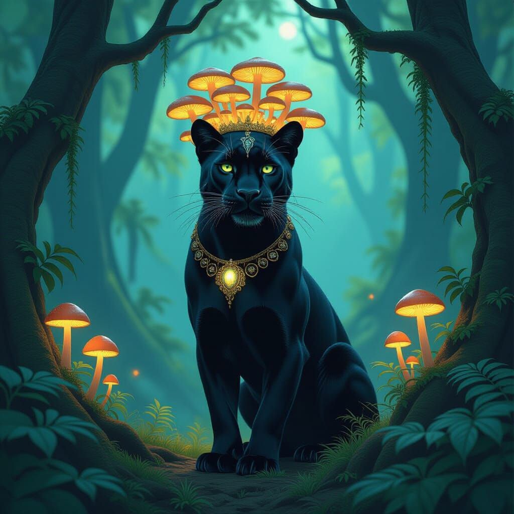 Majestic Black Panther with Glowing Mushroom Crown in Mystic...