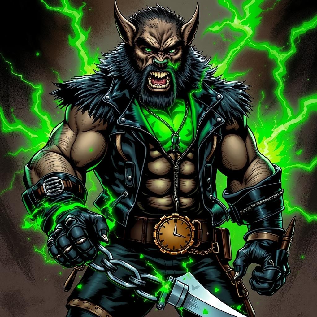 Muscular Bugbear Superhero with Emerald Energy, Comic Art